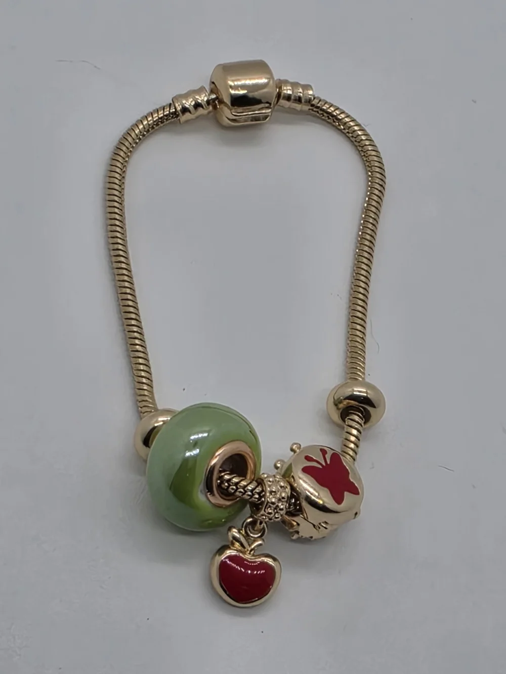 Gold Plated Pandora Style Charm Bracelet 7" Apple Butterfly Crystal Bead - Picture 3 of 3